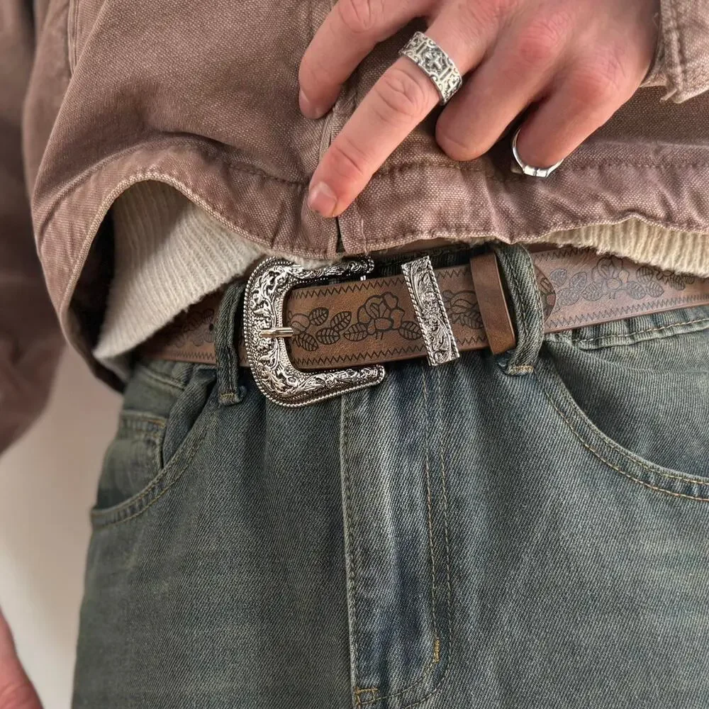 vintage style brown and silver engraved western simple design belt